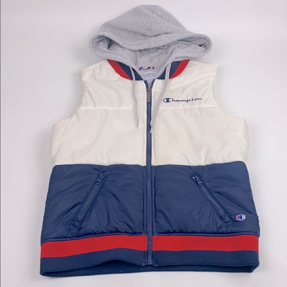 Retro Champion Zip Up Hooded Puffer Vest Red White Blue Zip pockets Lined Small